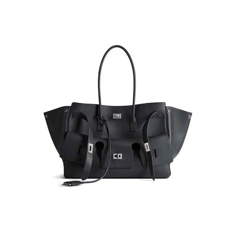 A black luxury genuine leather tote bag with a spacious design, featuring dual handles and a secure lock closure.