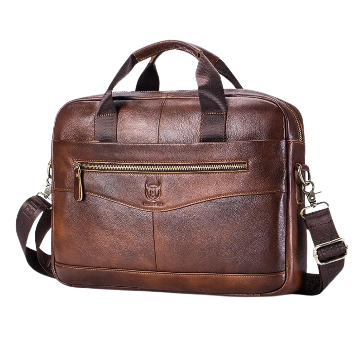 A brown genuine leather executive briefcase with a single handle and detachable shoulder strap, featuring multiple pockets and a zipper closure.