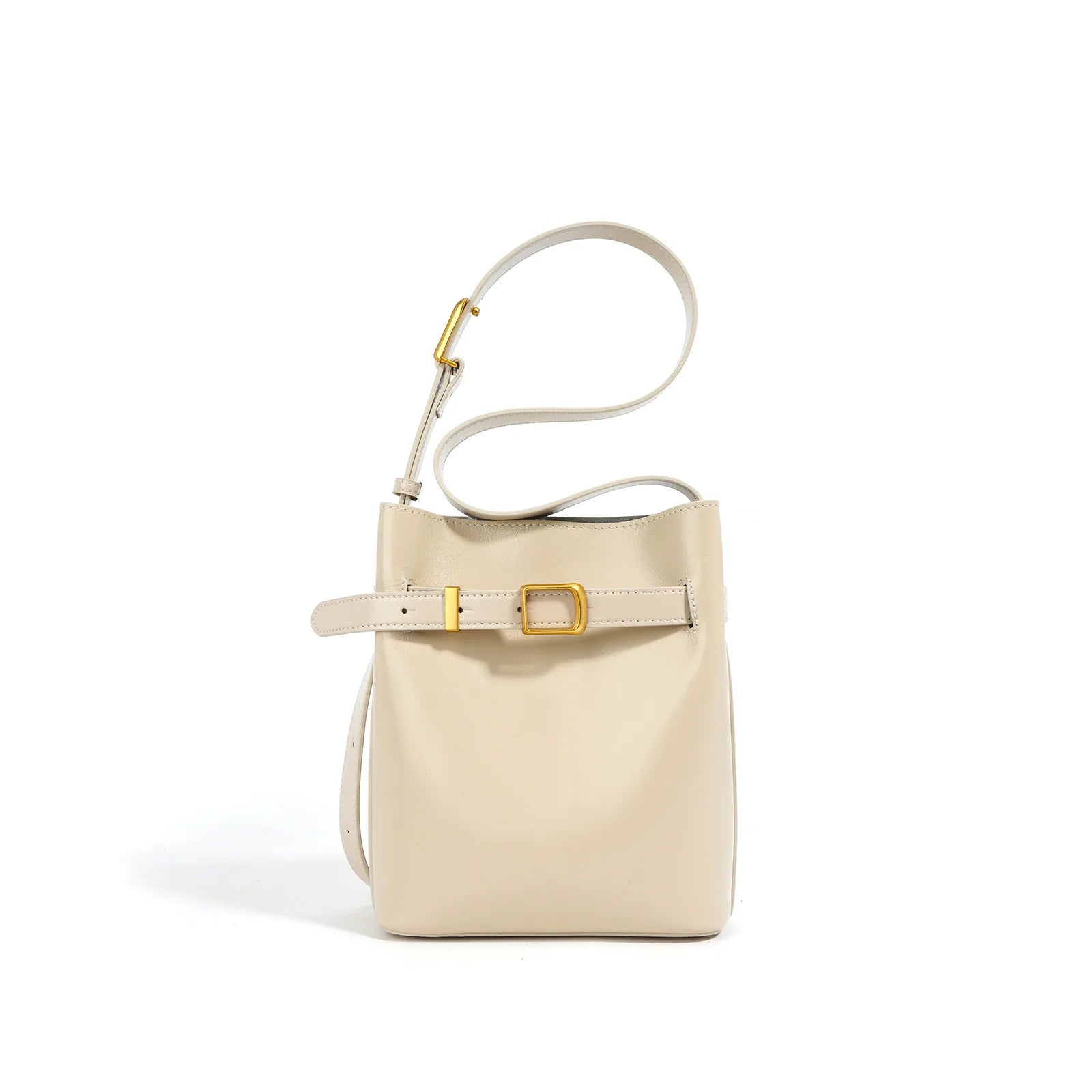 Beige handbag with a gold buckle on a white background