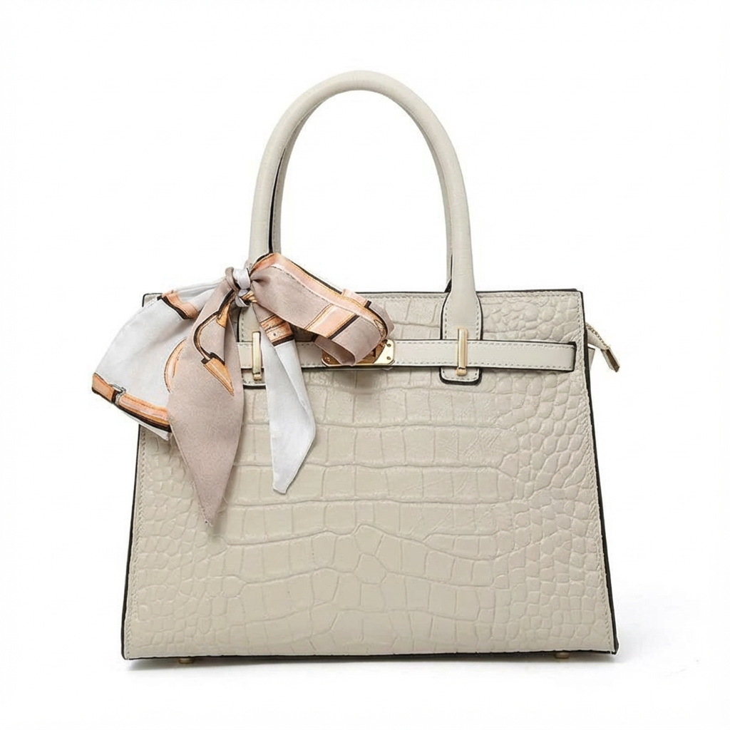 Beige handbag with a matching scarf on a white background