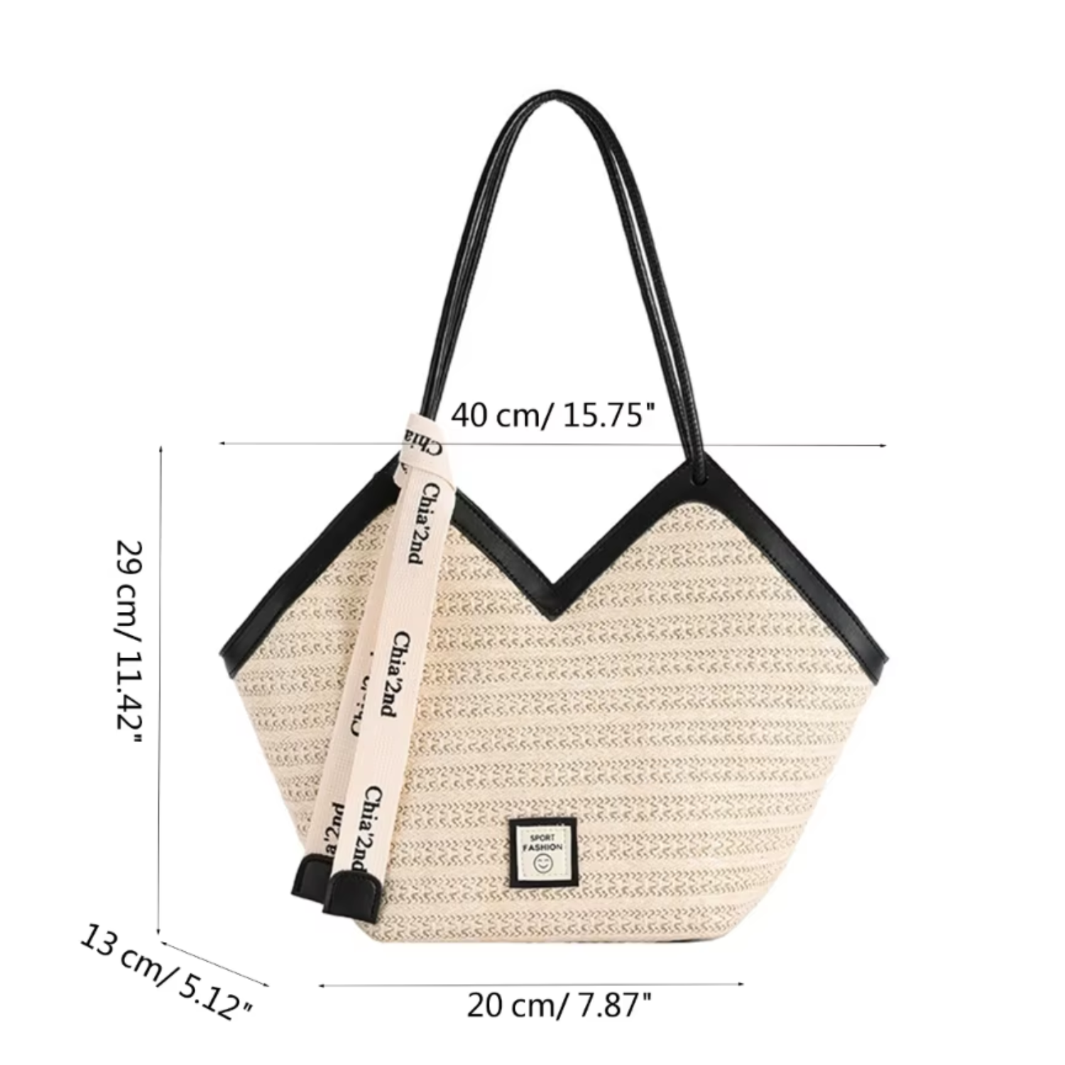 Beige handbag with black accents and a strap, shown with measurements on a white background.