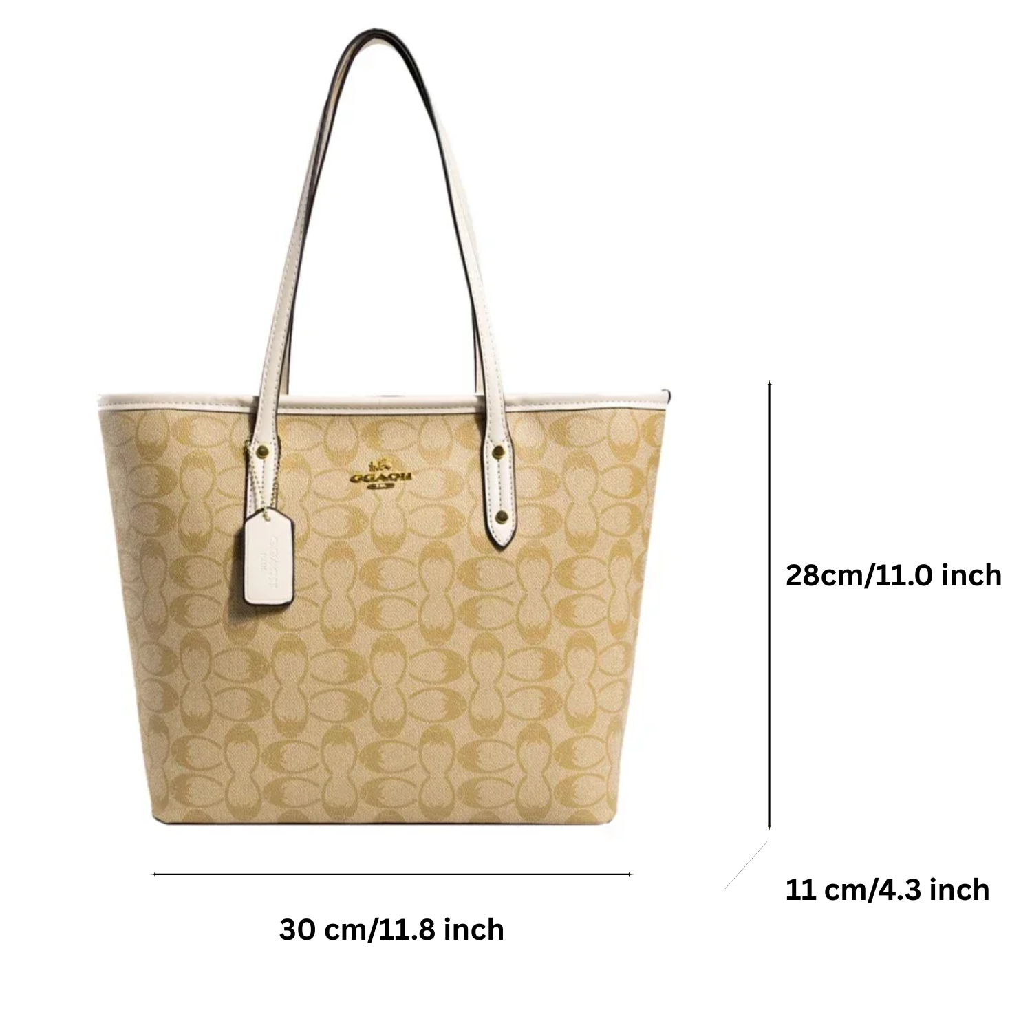 Beige handbag with measurements on a white background