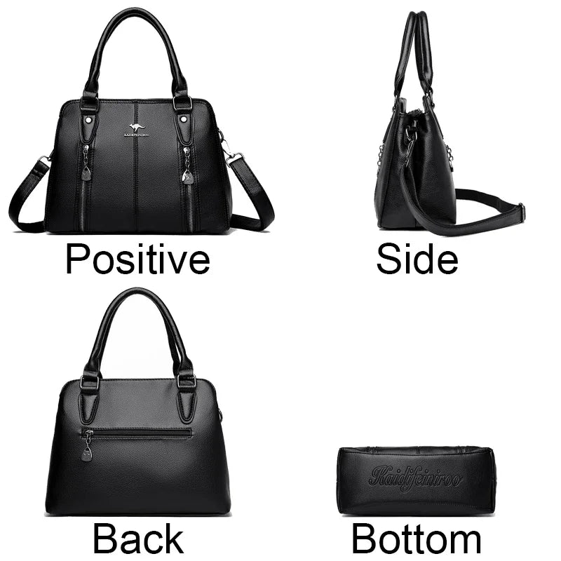 Black handbag shown from multiple angles with labels indicating positive side, back, and bottom.
