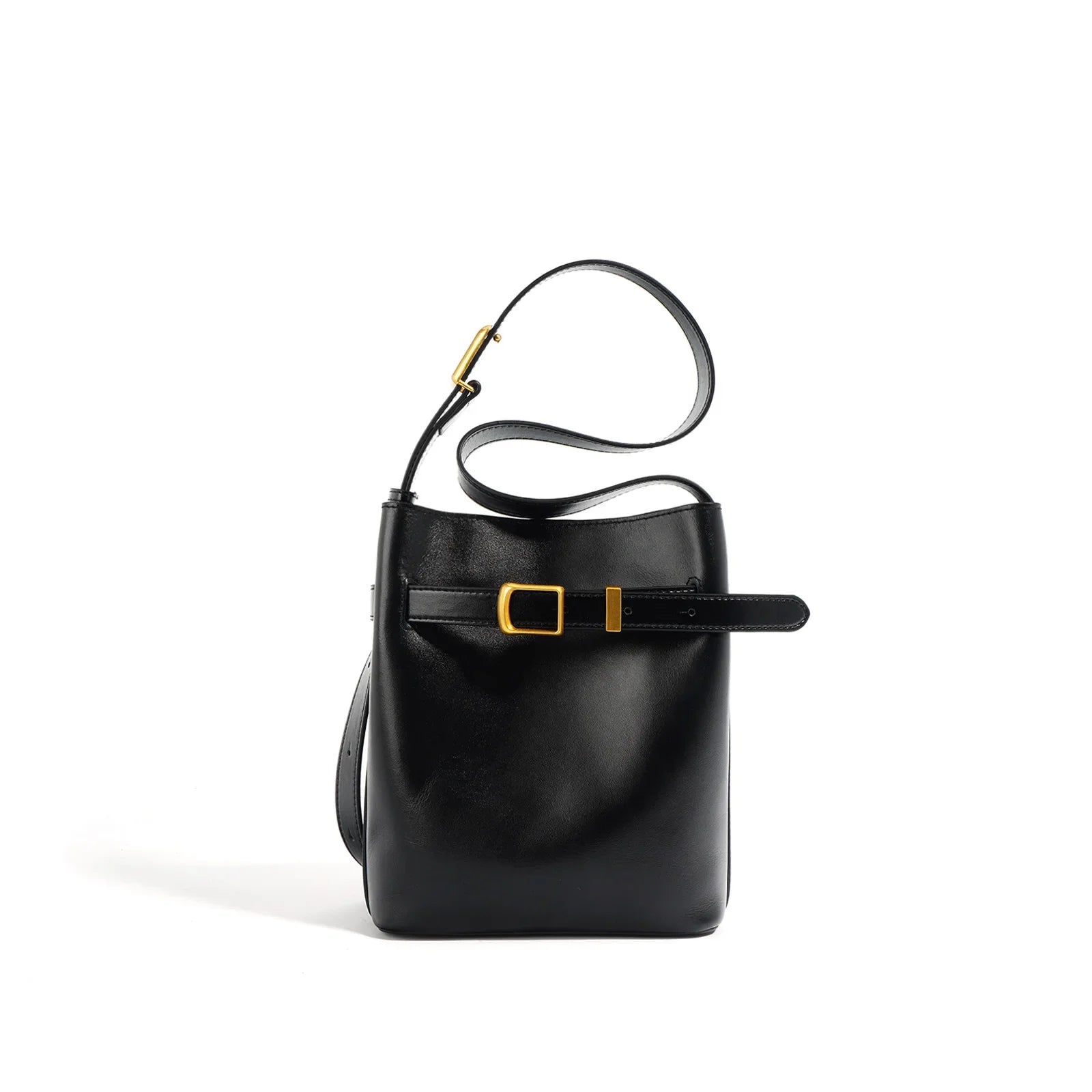 Black handbag with a gold buckle on a white background