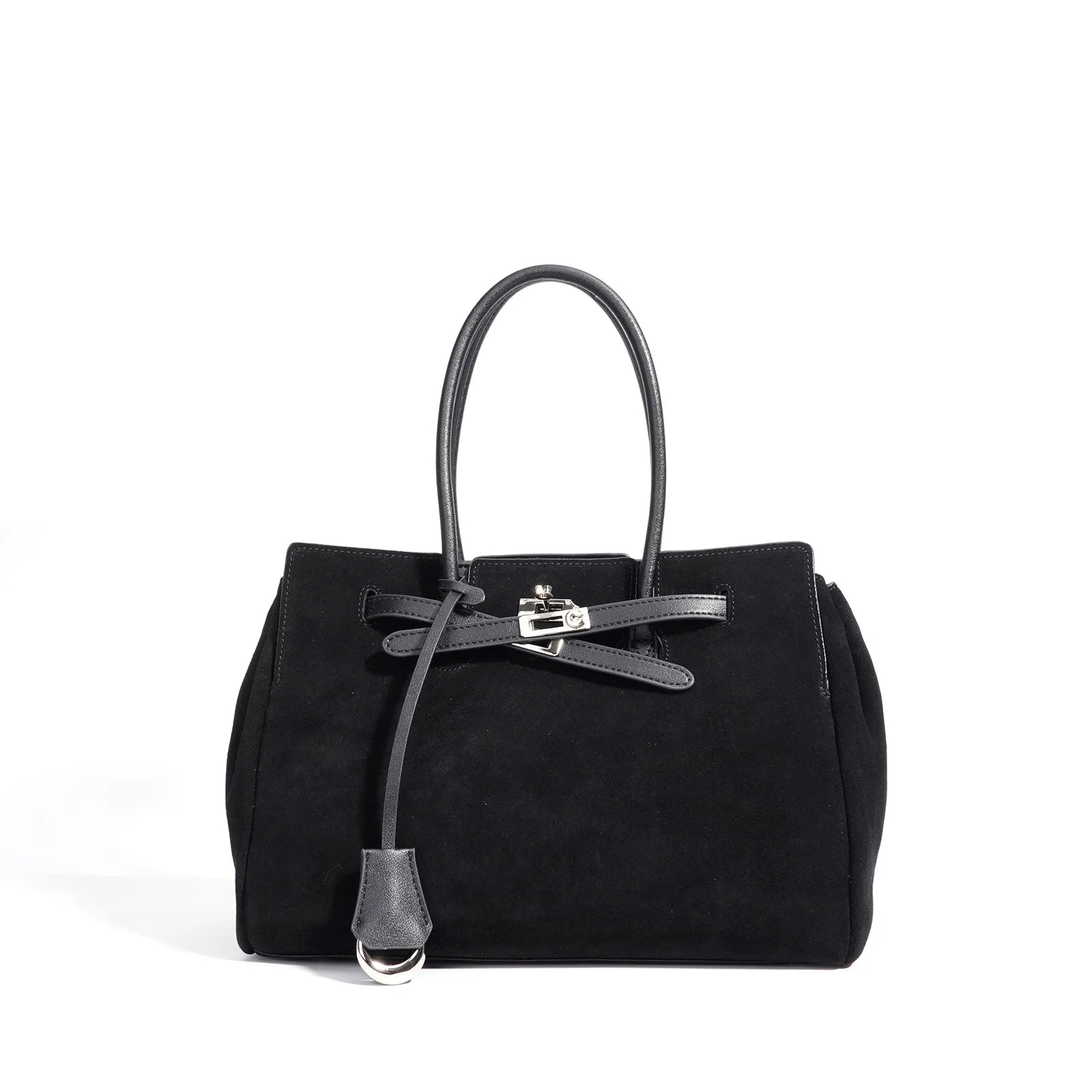 Black handbag with a silver buckle on a white background