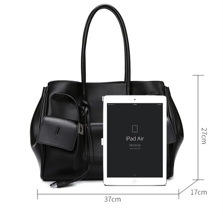 Black handbag with an iPad Air mockup and dimensions on a white background