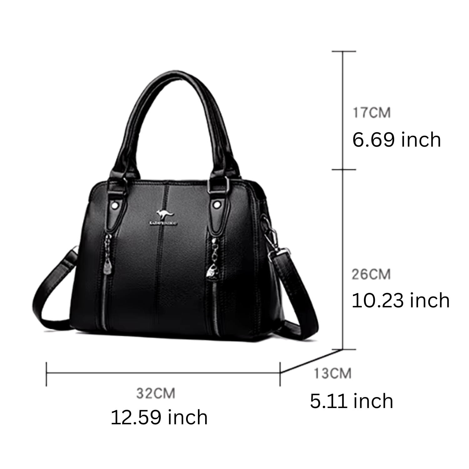 Black handbag with measurements on a white background