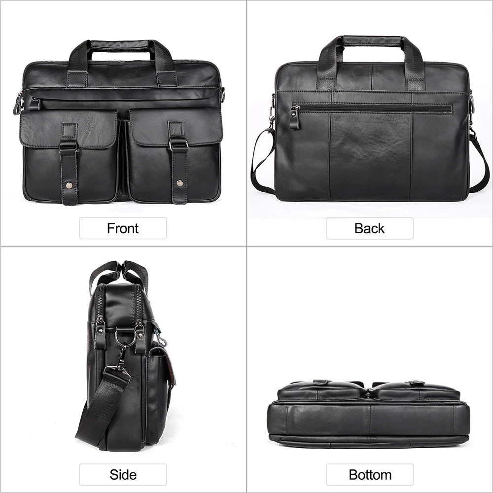 Black leather briefcase shown from front, back, side, and bottom angles on a white background.