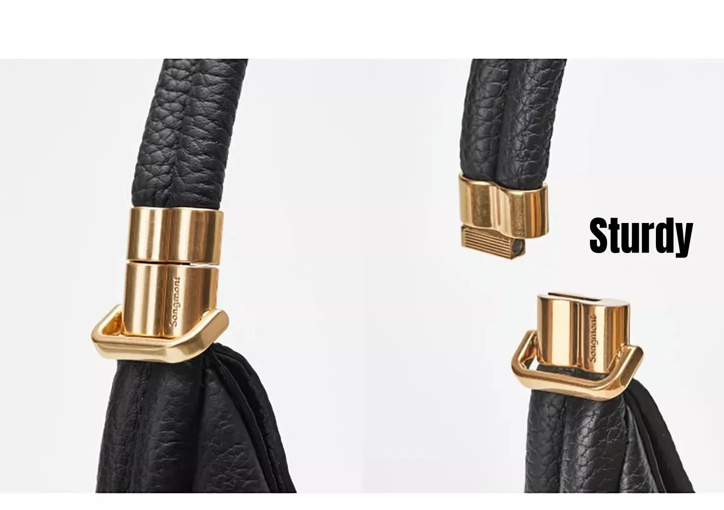 Black leather strap with gold metal clasps on a white background