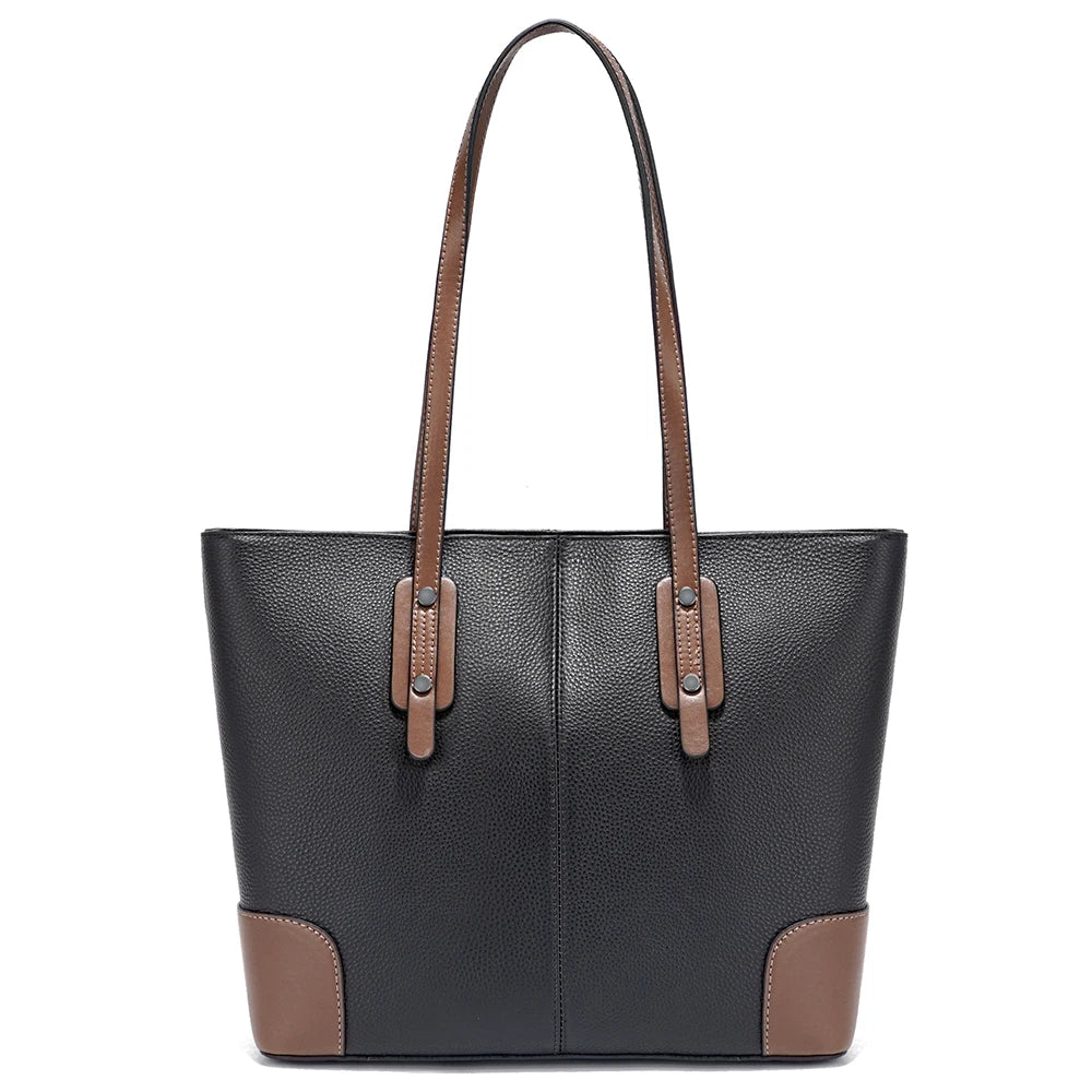 Black tote bag with brown accents on a white background