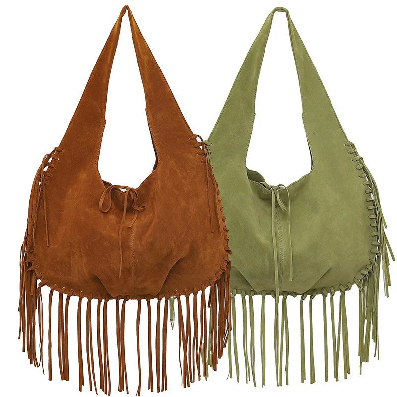 Brown and green suede handbags with fringes on a white background