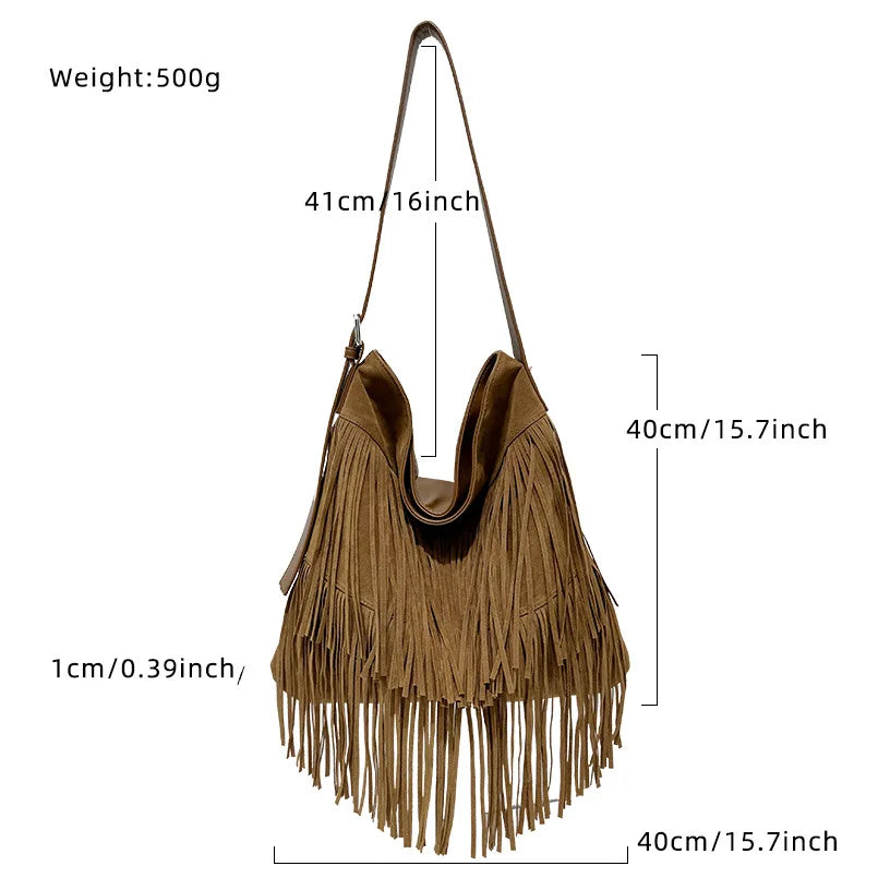 Brown fringe handbag with measurements on a white background