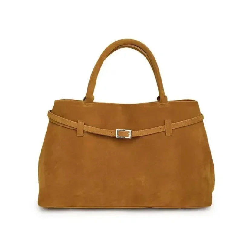 Brown handbag with a belt detail on a white background