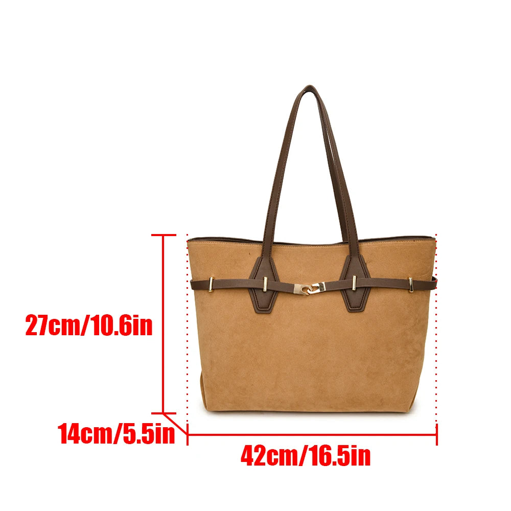 Tan handbag with brown handles and straps, shown with measurements on a white background