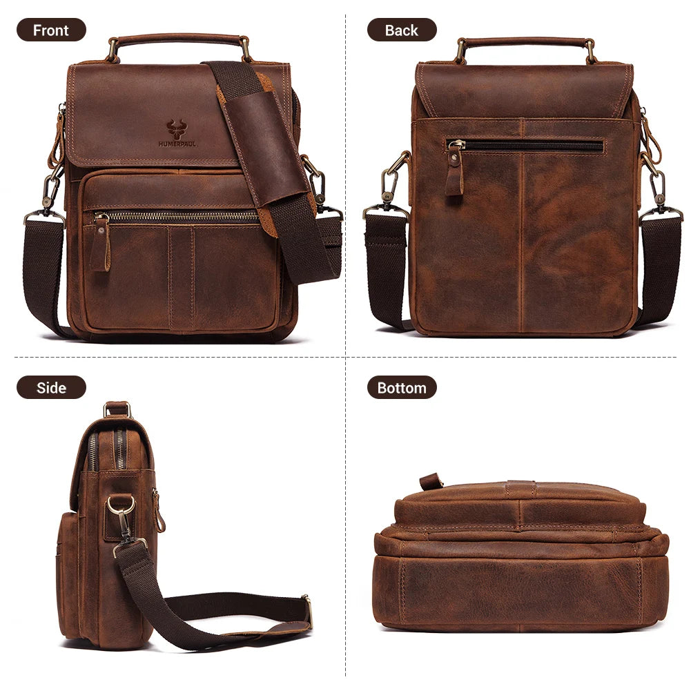 Brown leather bag shown from front, back, side, and bottom angles on a white background.