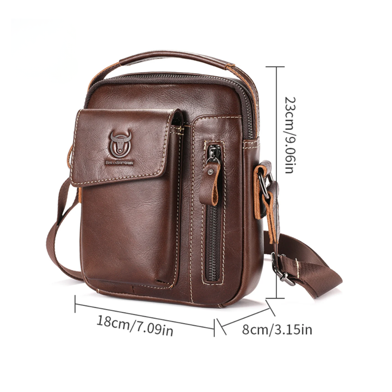Brown leather crossbody bag with measurements on a white background