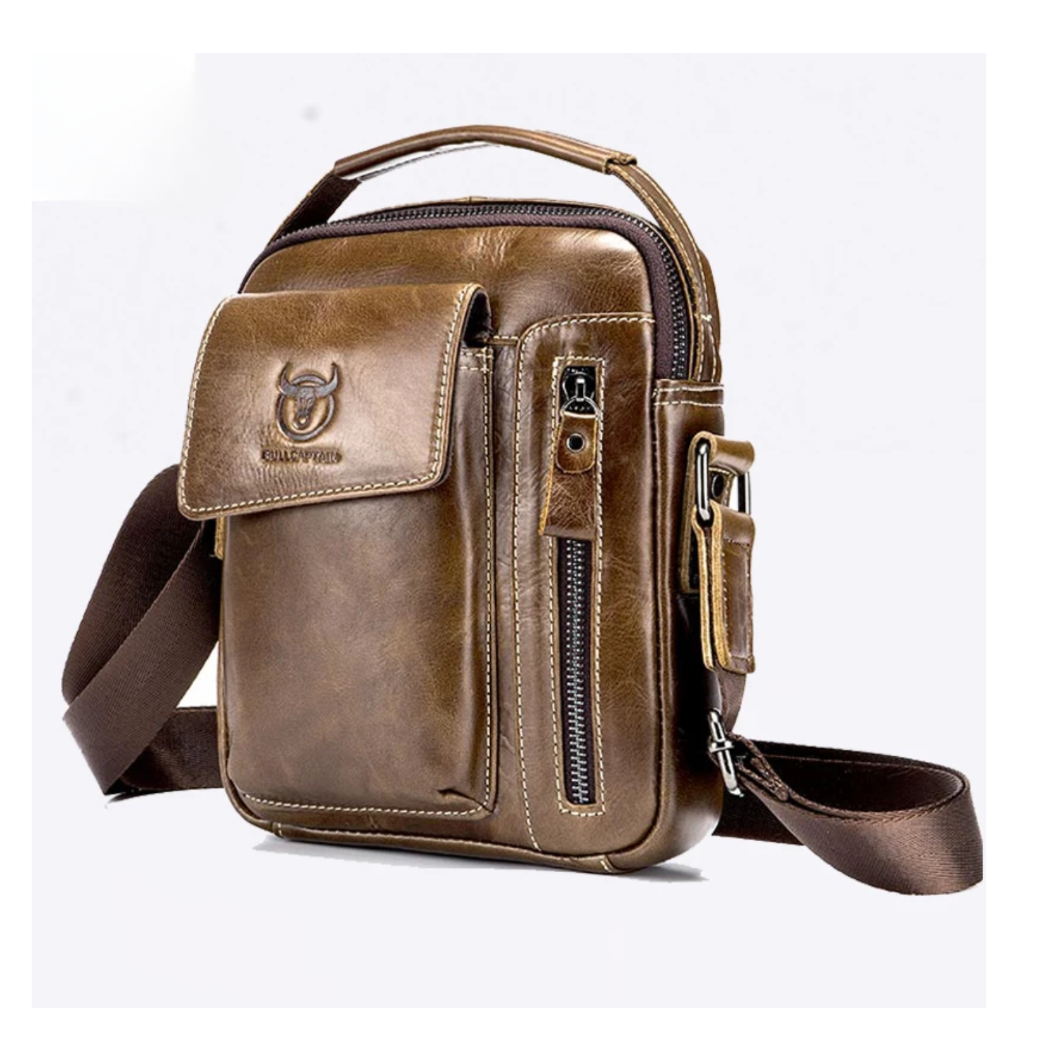 Brown leather crossbody bag with visible brand logo on a white background