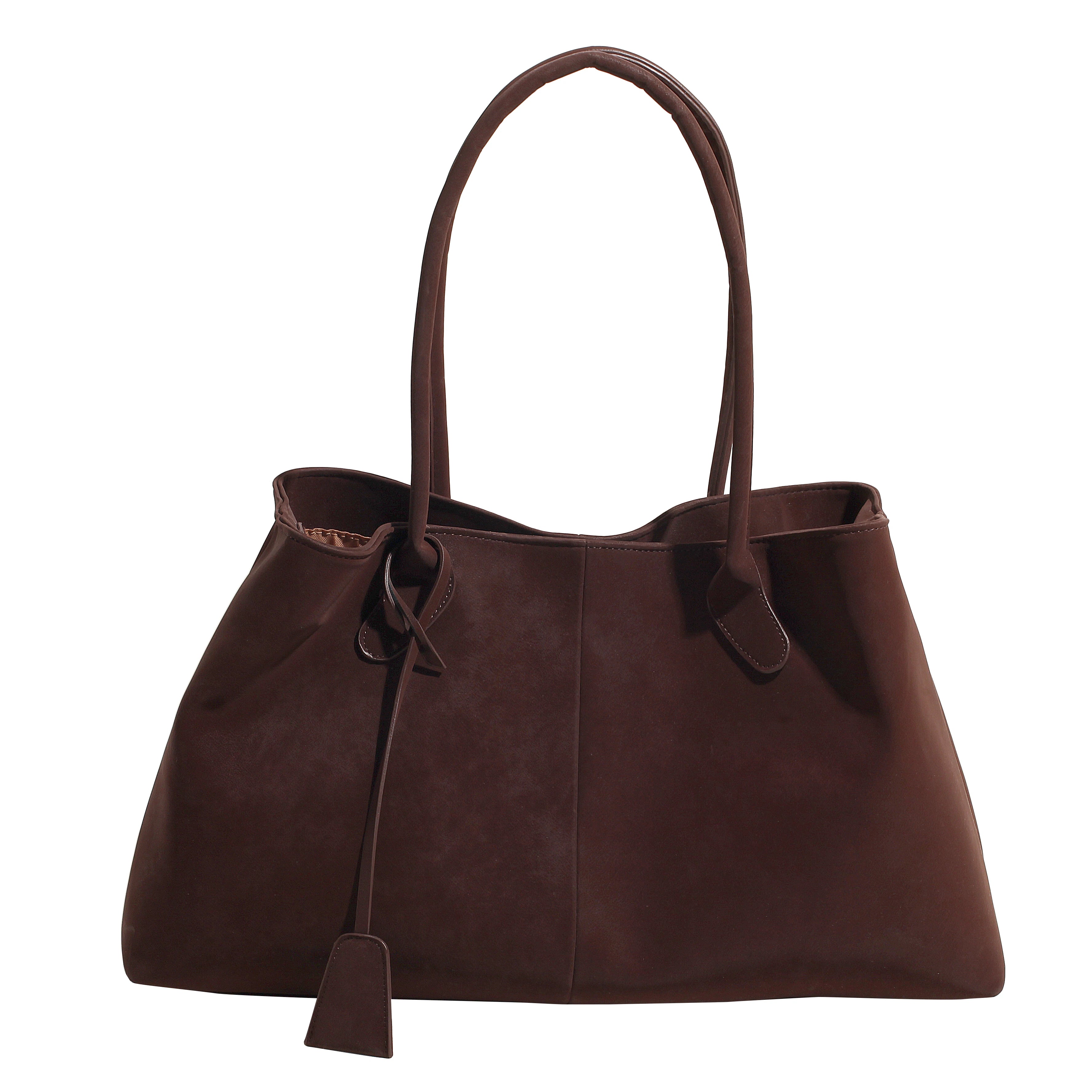 Brown leather handbag on a white background
