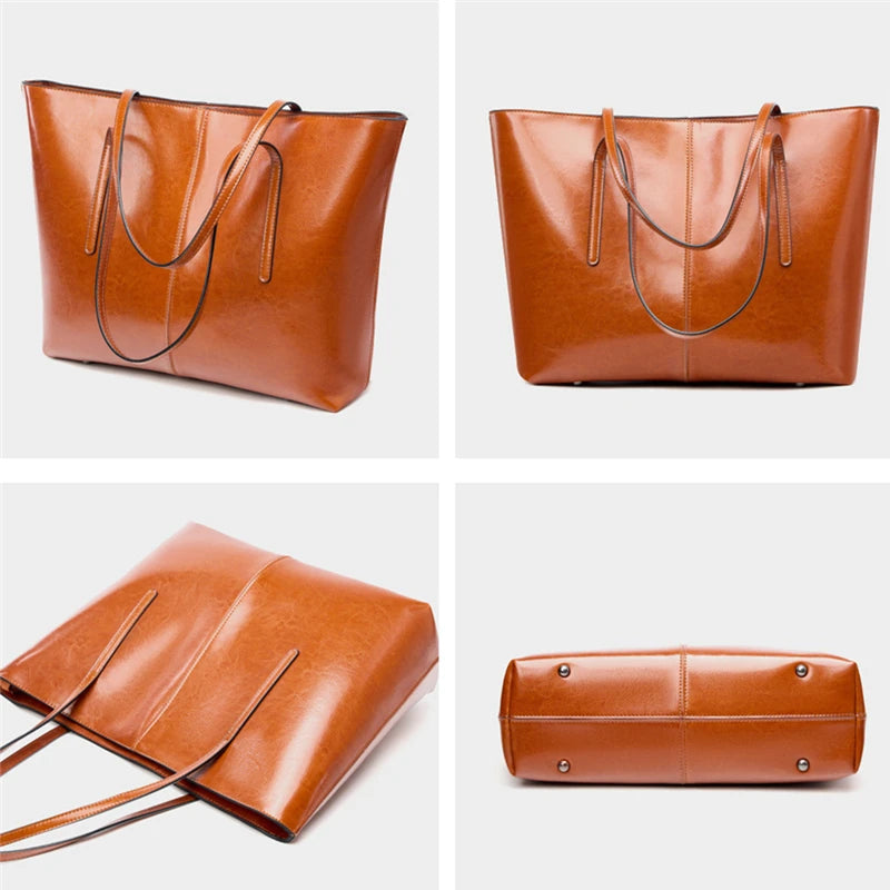 Brown leather handbag shown from multiple angles on a white background