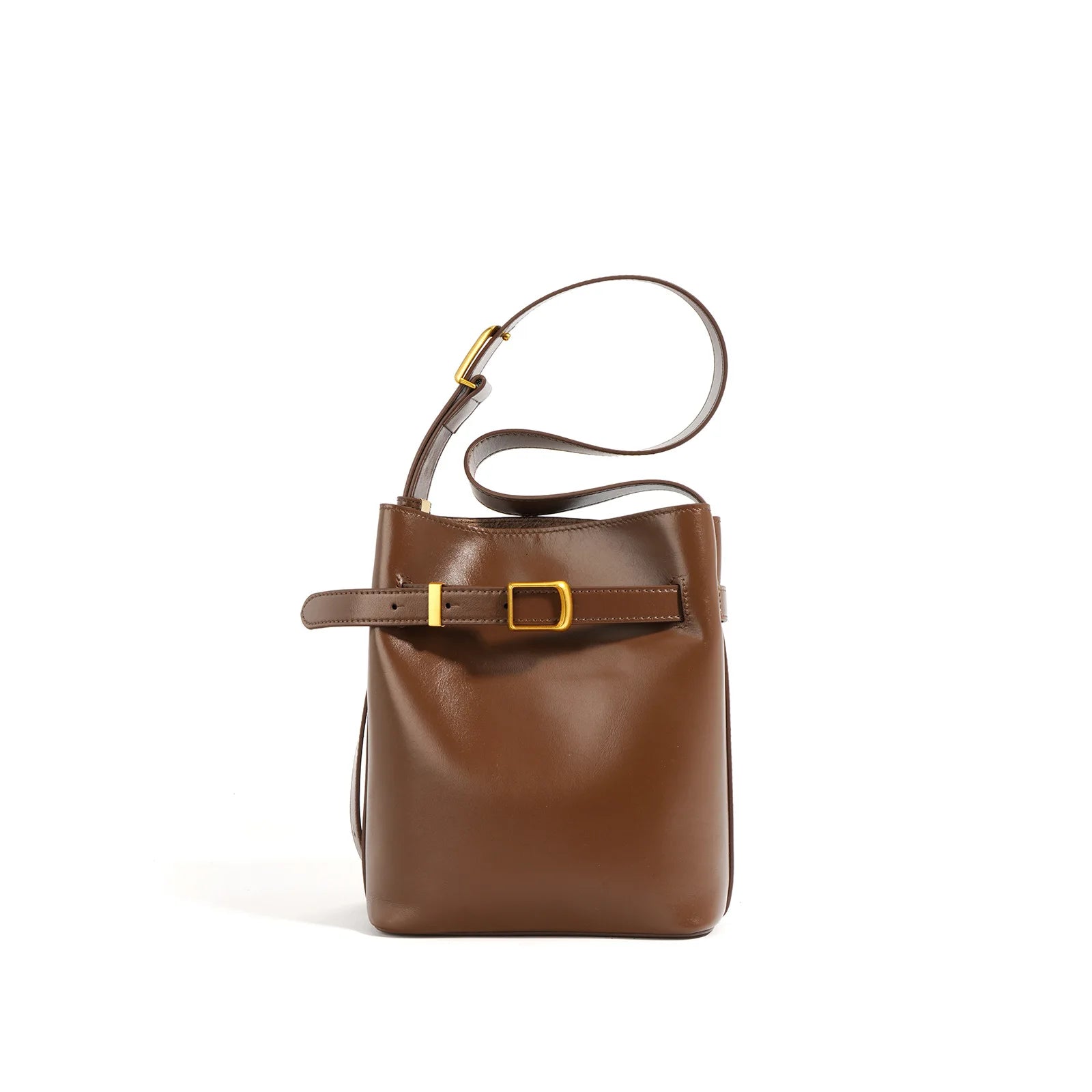 Brown leather handbag with a gold buckle on a white background
