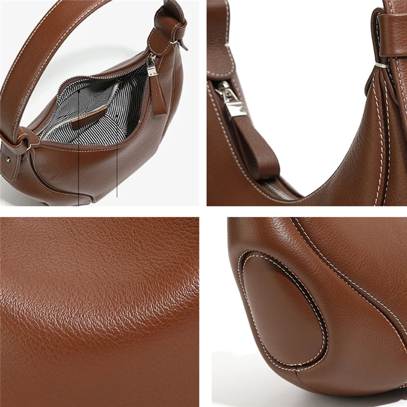 Brown leather handbag with close-up details on a white background