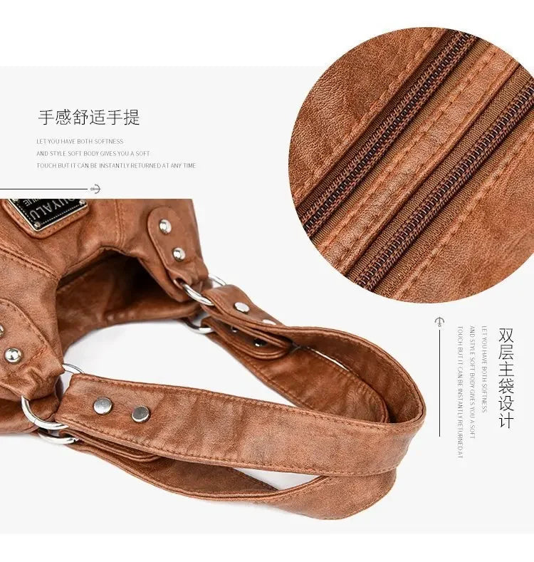 Brown leather handbag with detailed view of zipper and handle on a white background