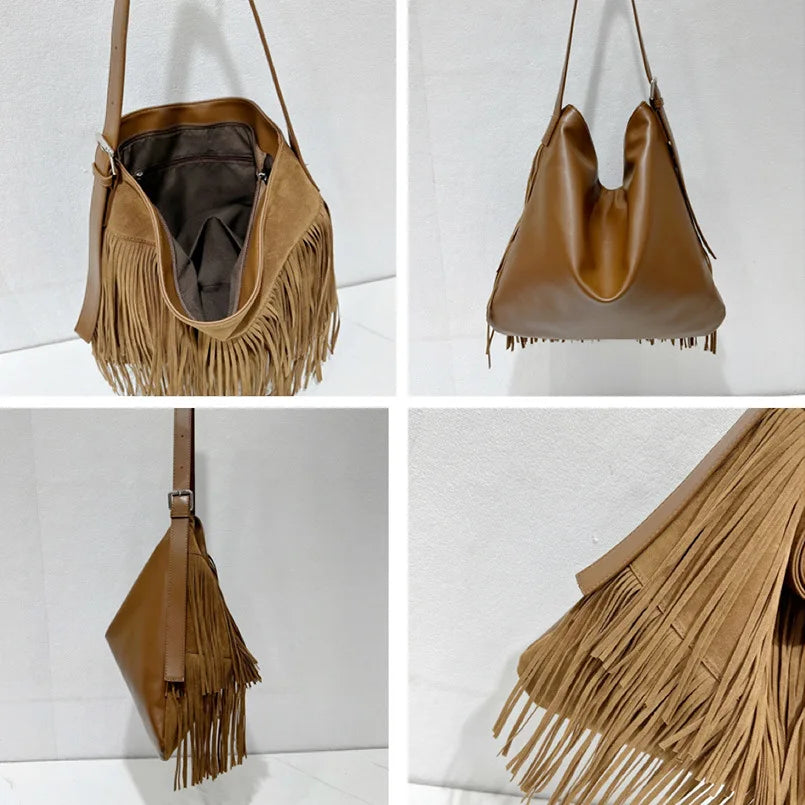 Brown leather handbag with fringe details on a white background