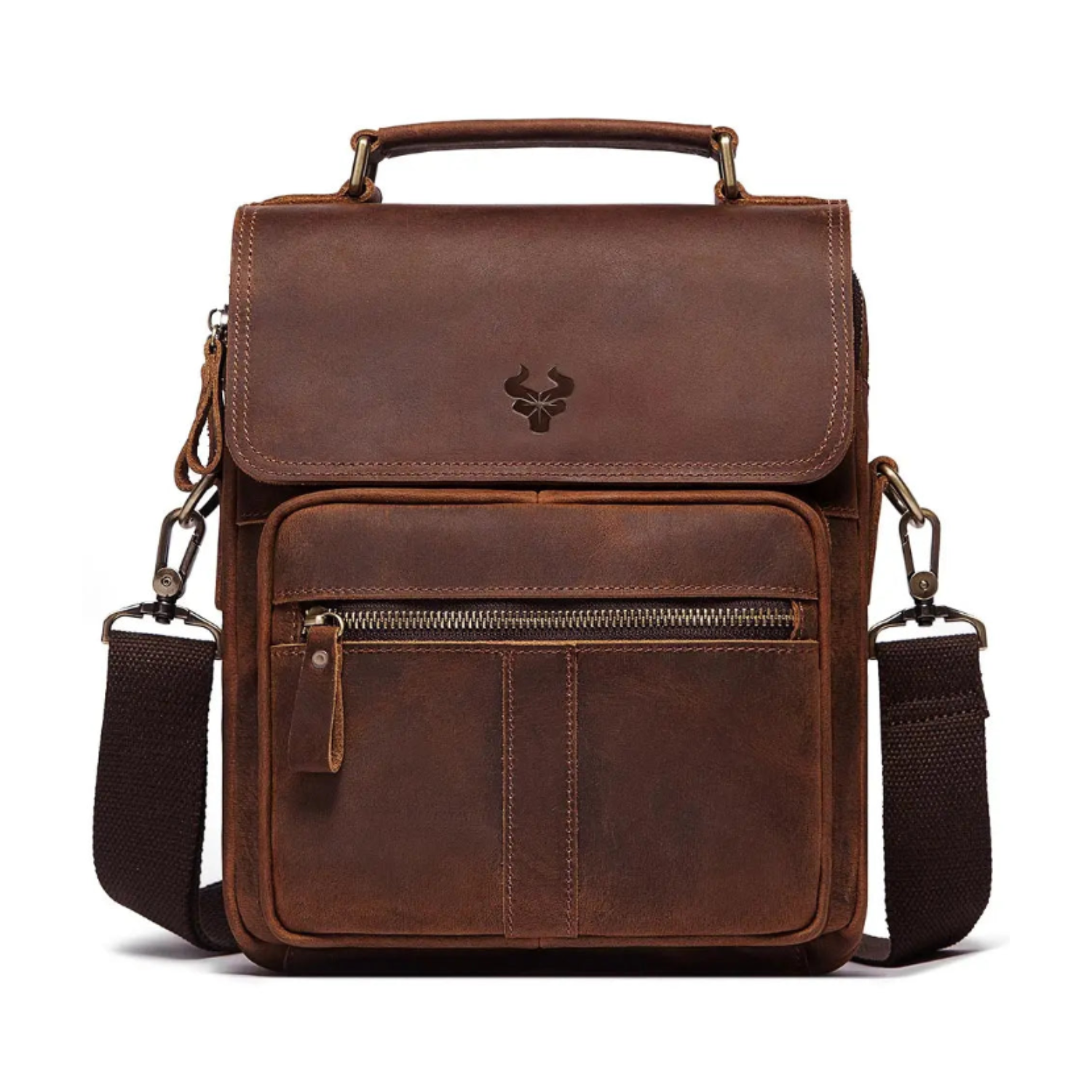 Brown leather satchel bag with shoulder strap on a white background