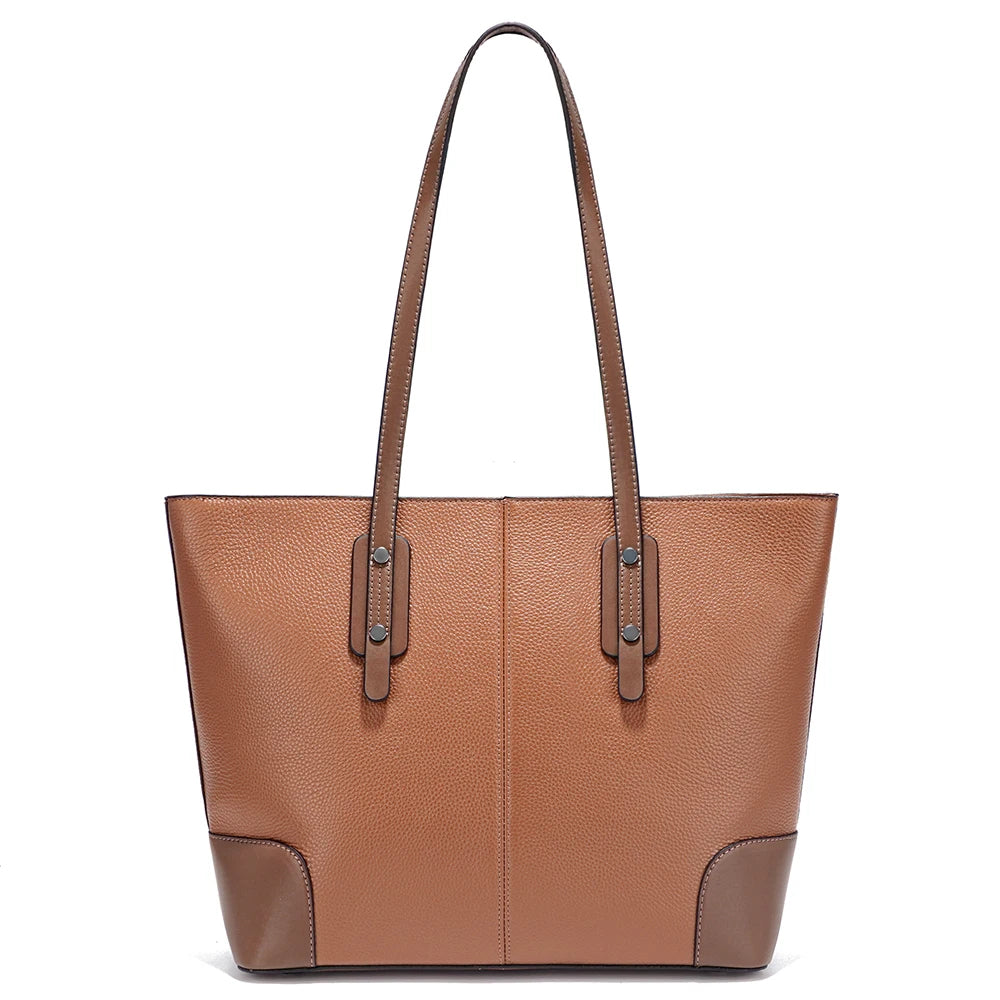 Brown leather tote bag on a white background