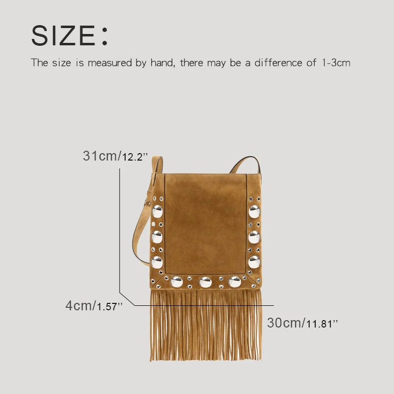 Brown suede handbag with fringe and stud details, shown with measurements on a light gray background.