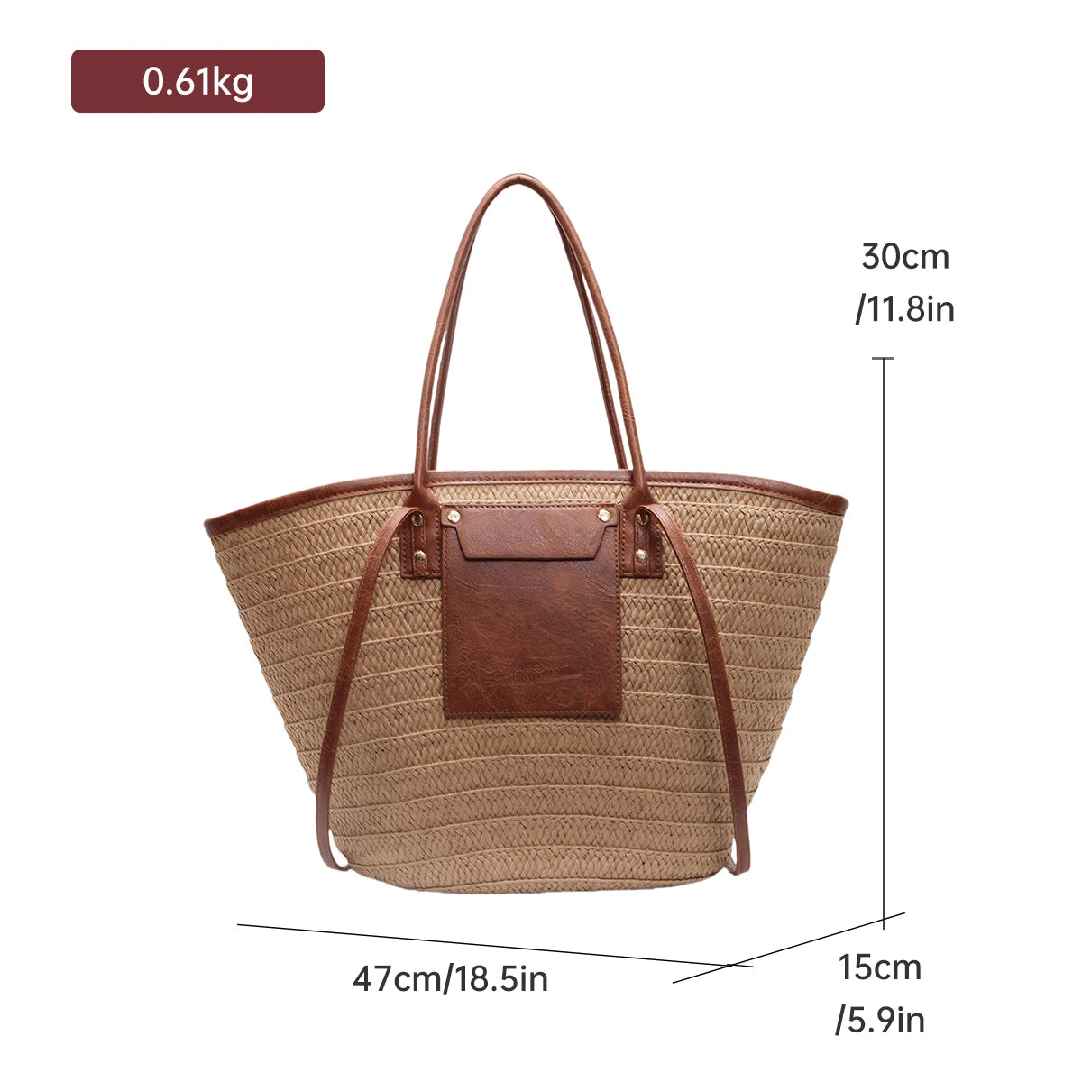 Brown woven handbag with leather accents and measurements on a white background