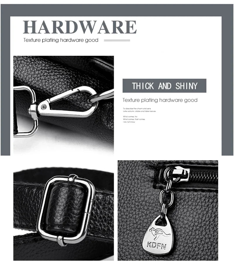 Close-up of a leather bag with metal hardware, showcasing texture and finish.