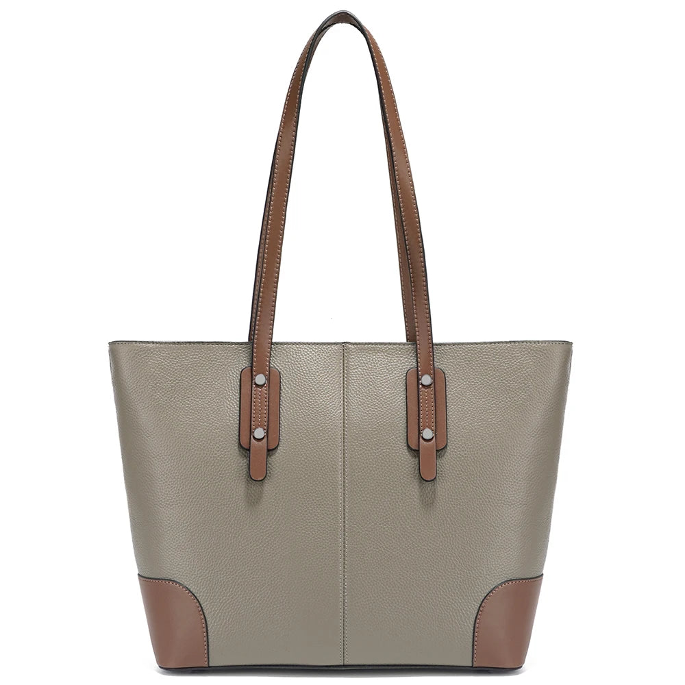 Gray tote bag with brown accents on a white background