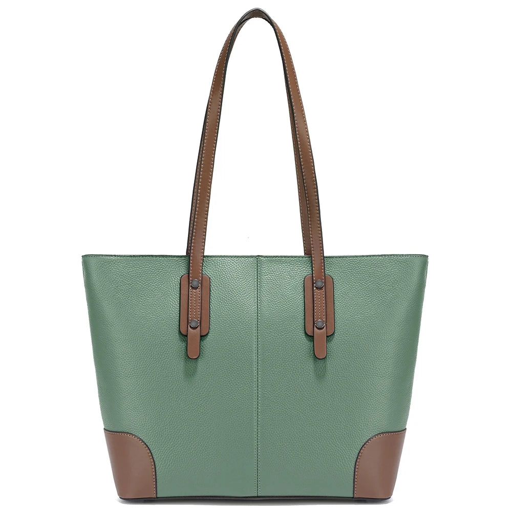Green tote bag with brown accents on a white background
