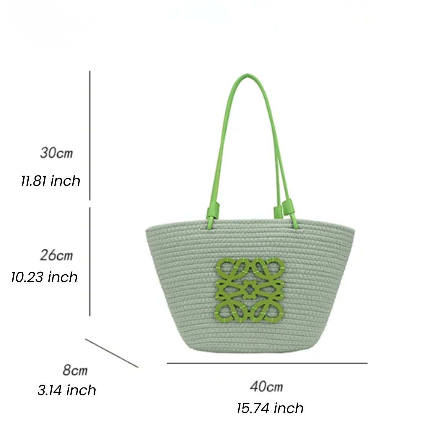 Green woven handbag with measurements on a white background