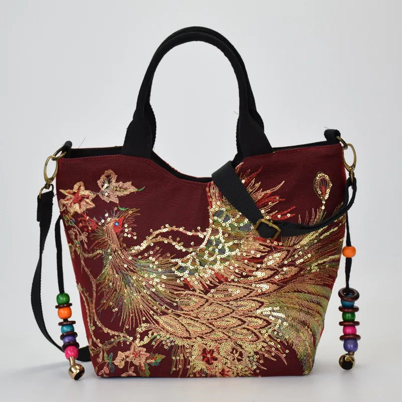 Bohemian Peacock Embroidered Canvas Tote