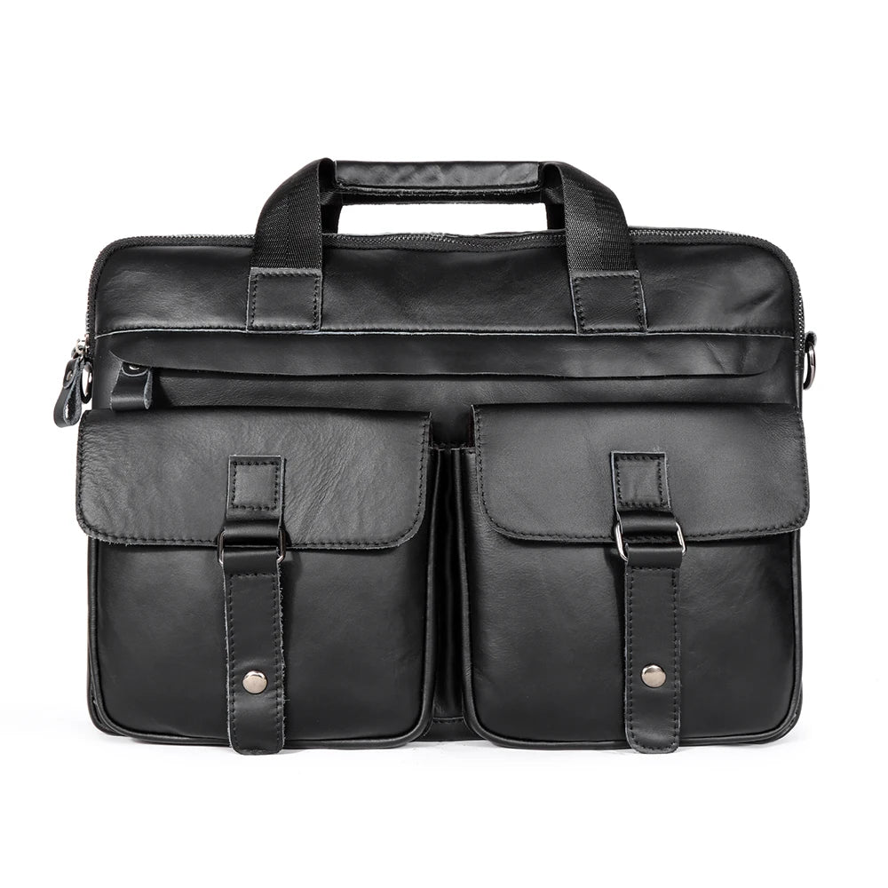 Black leather briefcase on a white background