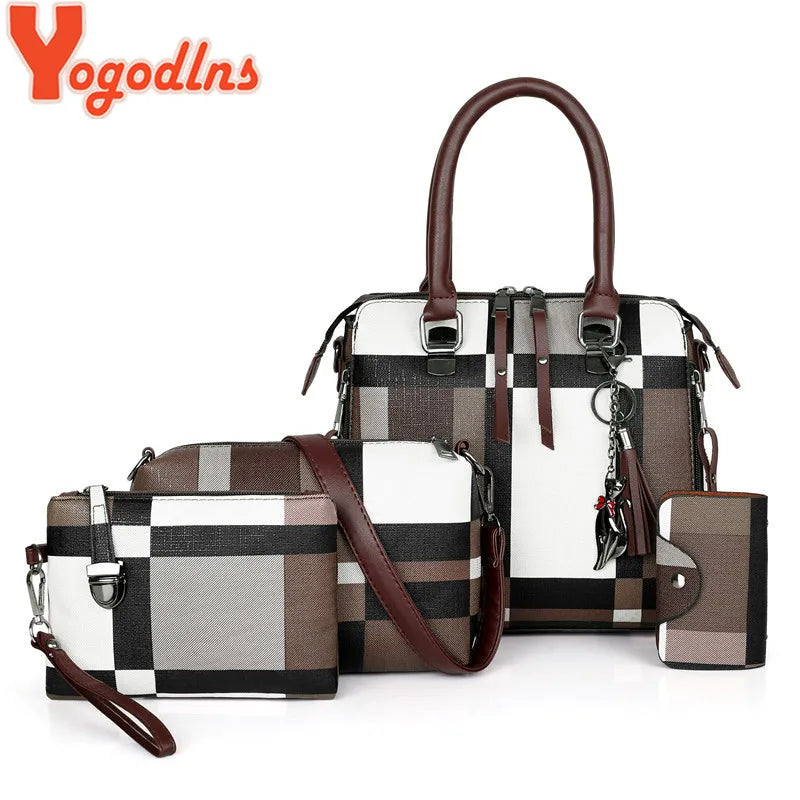 Modern Plaid Handbag Set with Tassel Accents