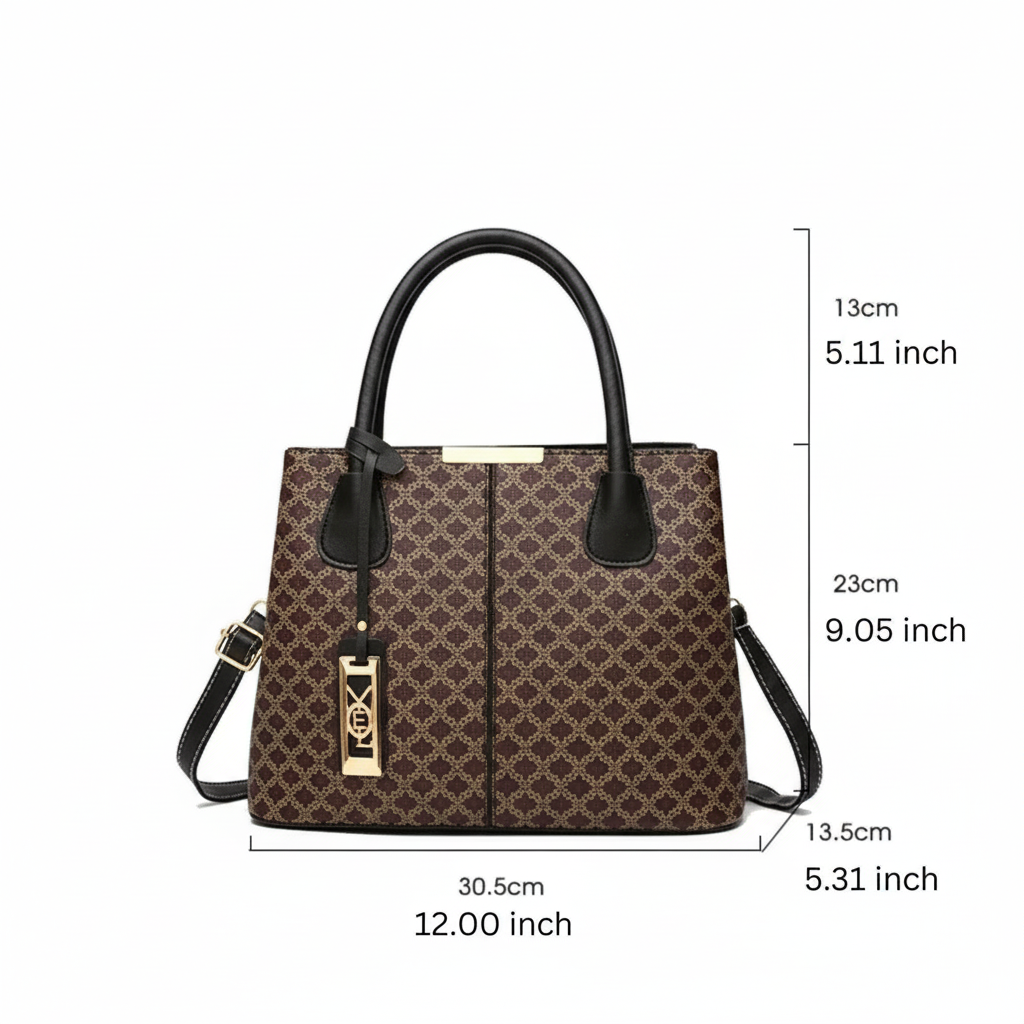 Handbag with measurement details on a white background
