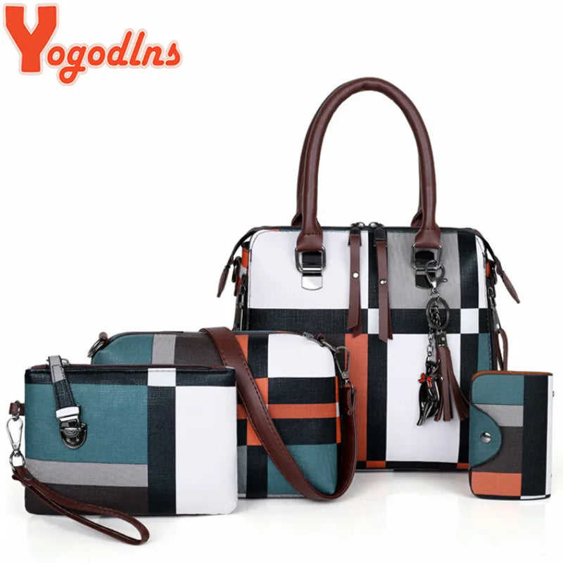 Modern Plaid Handbag Set with Tassel Accents