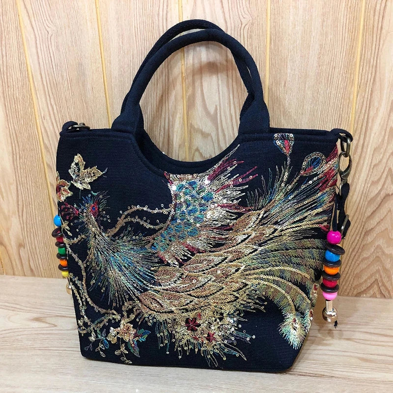 Bohemian Peacock Embroidered Canvas Tote