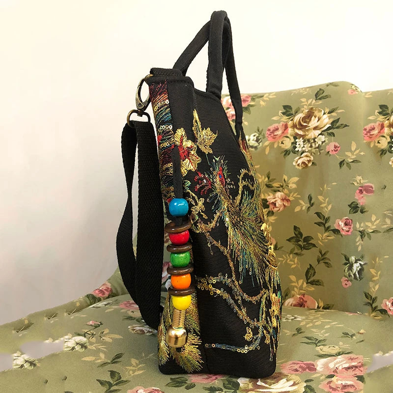 Bohemian Peacock Embroidered Canvas Tote