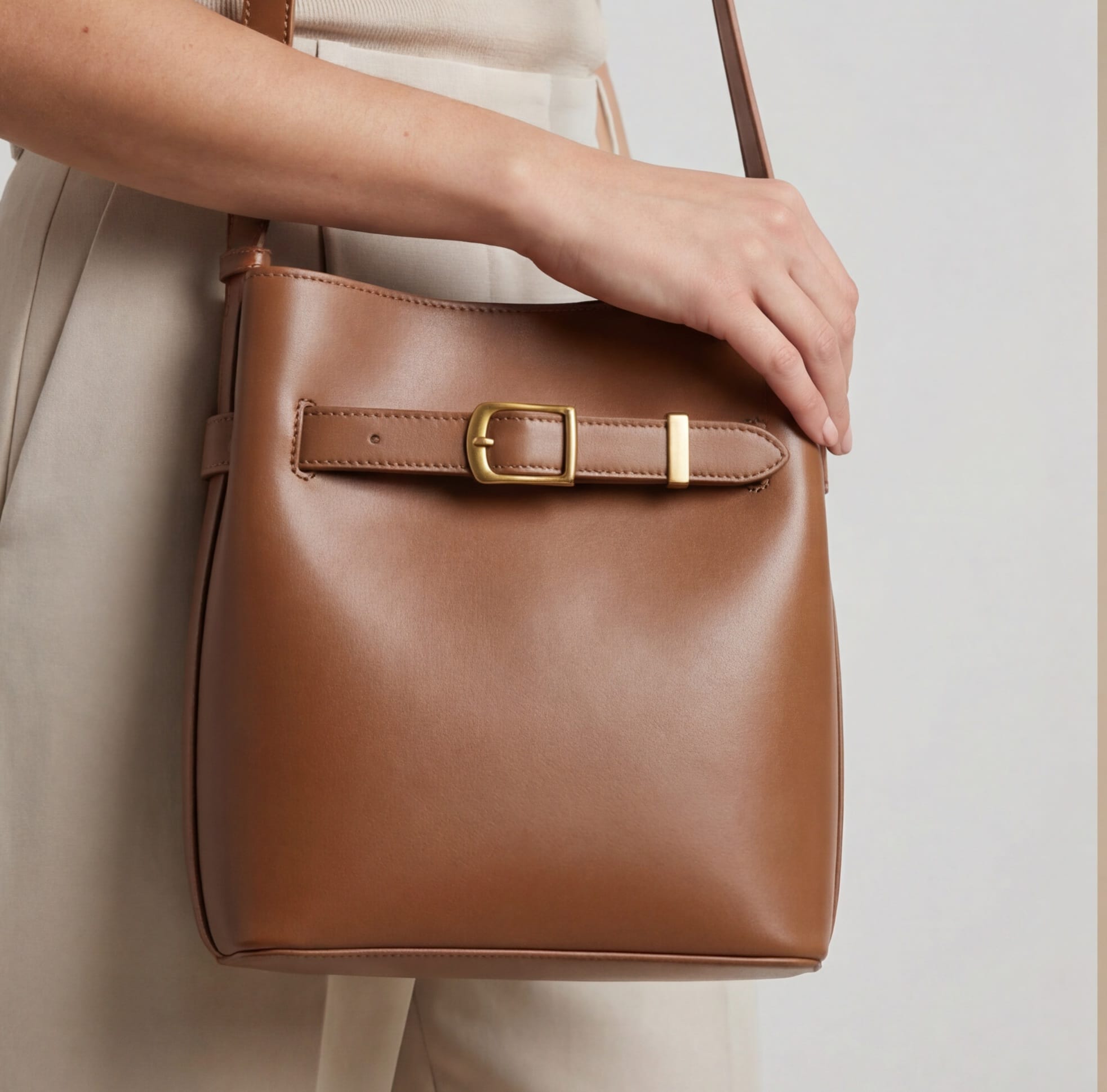 Brown leather handbag with gold buckle held by a person against a neutral background