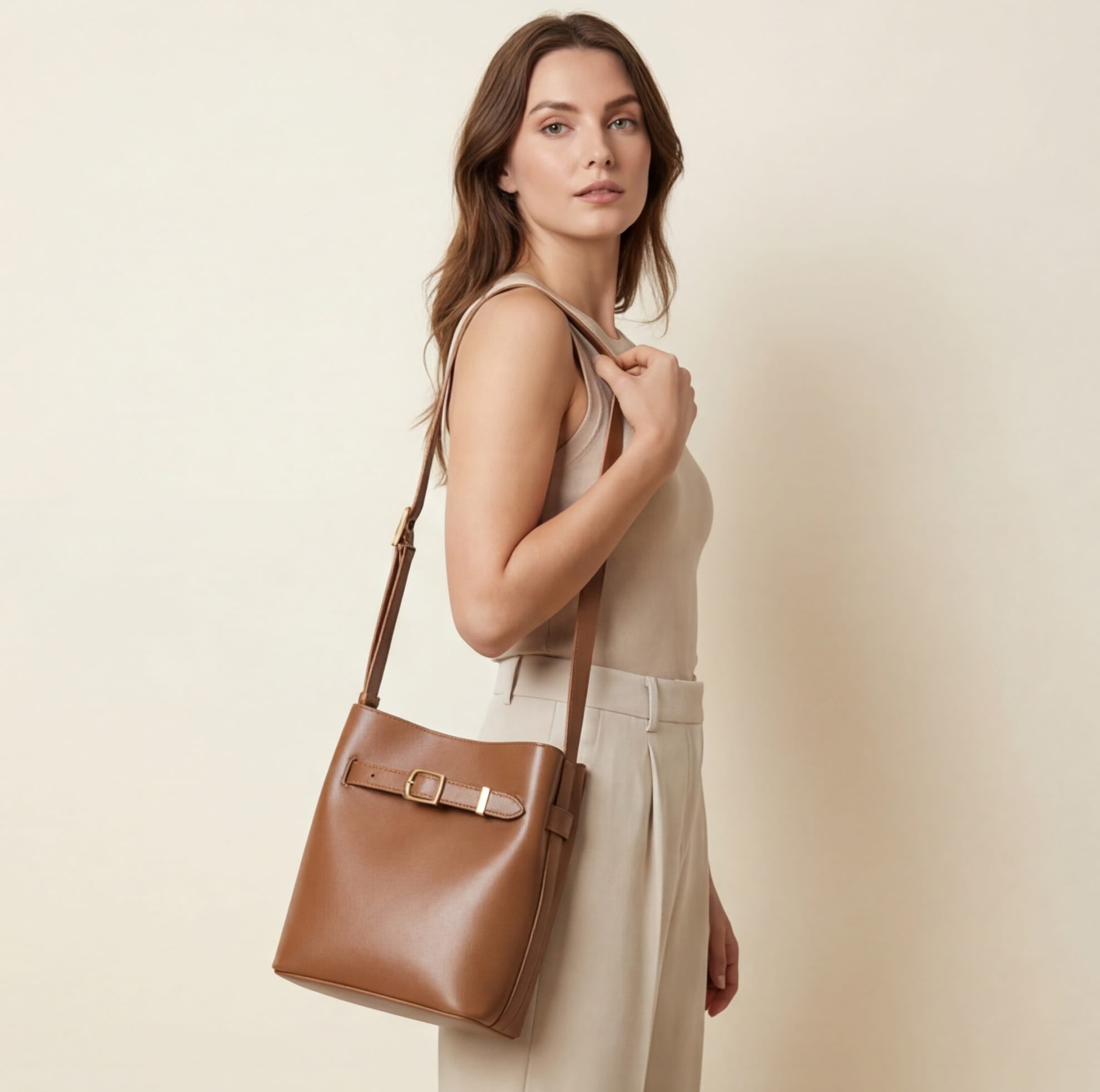 Woman holding a brown leather handbag against a beige background