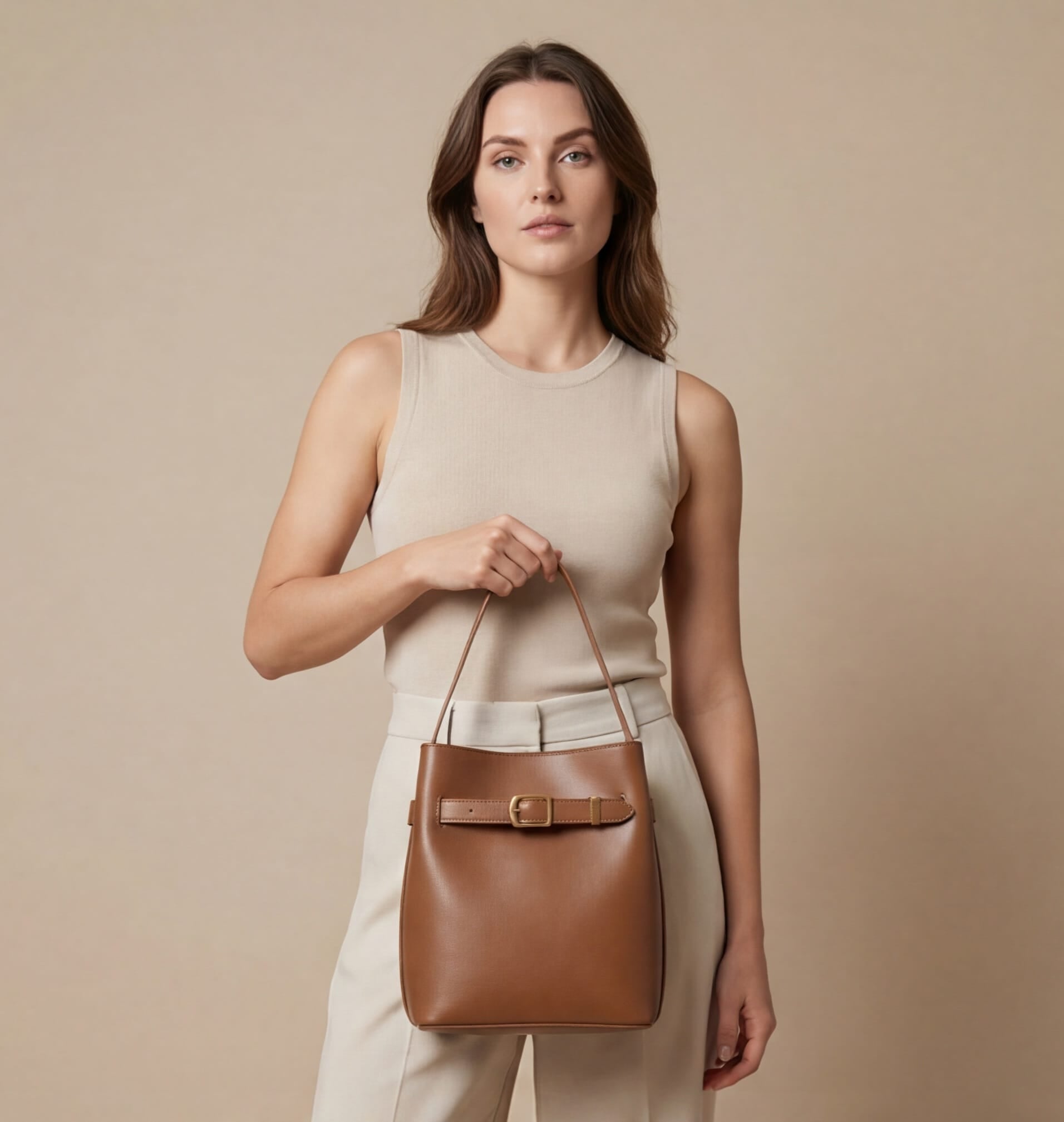 Woman holding a brown leather handbag against a beige background