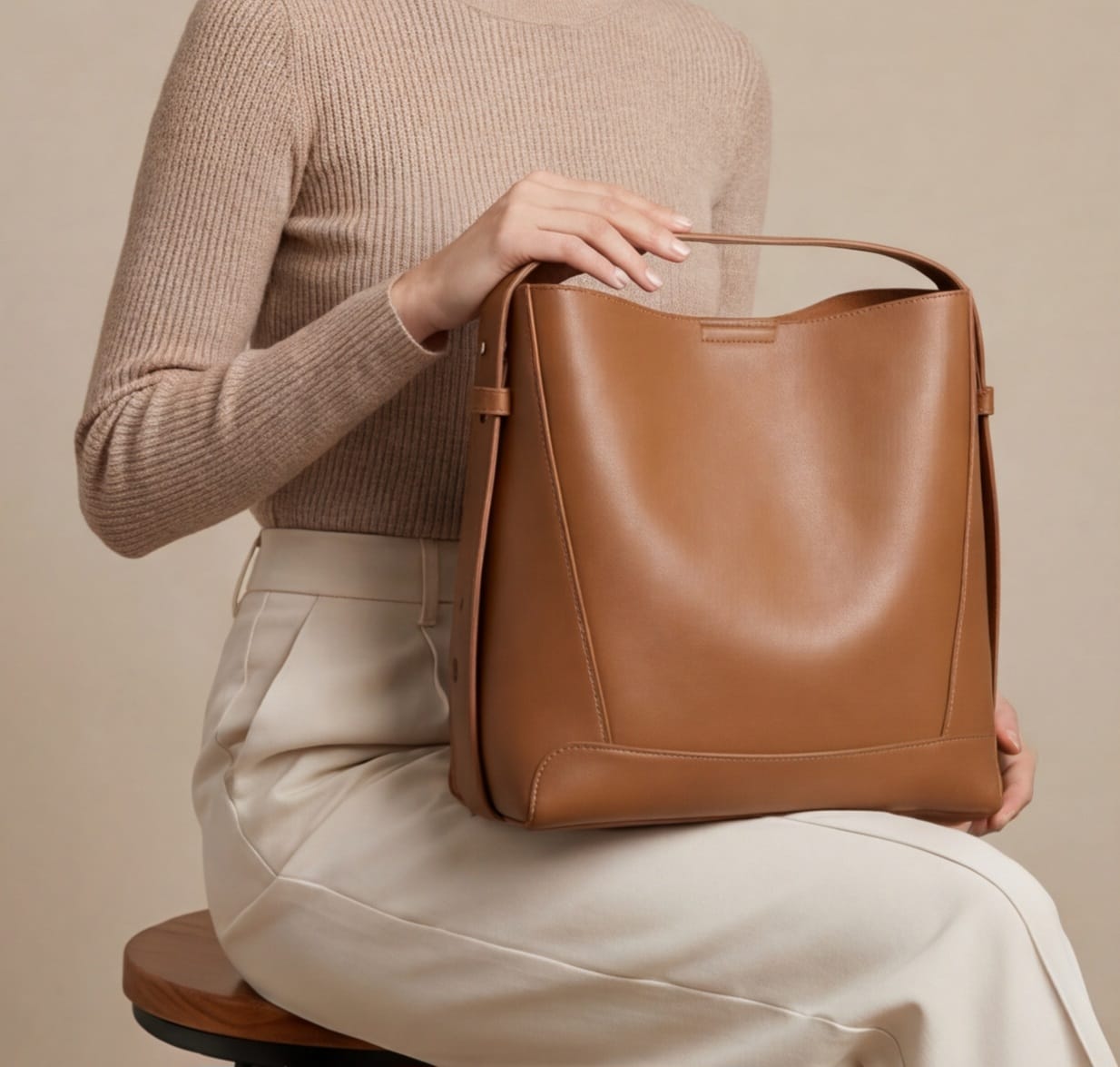 Two-Layer Cow Leather Bucket Shoulder Bag – Large Commuter Tote