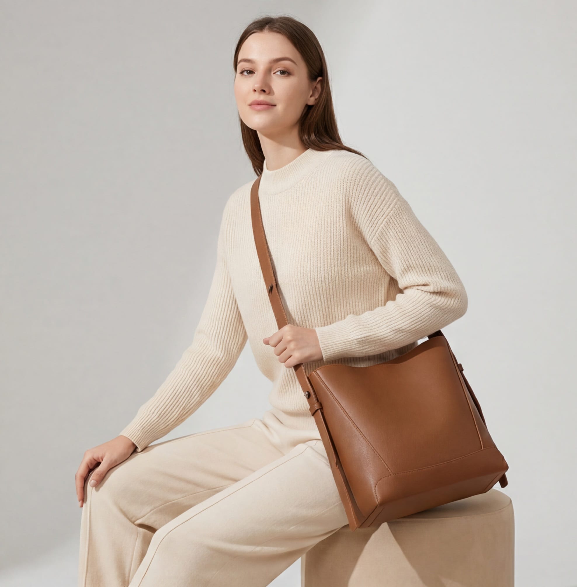 Two-Layer Cow Leather Bucket Shoulder Bag – Large Commuter Tote