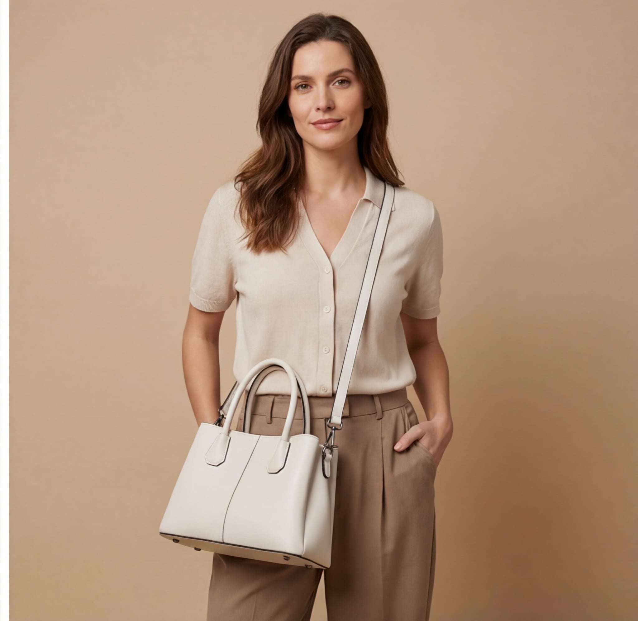 Woman holding a white handbag against a beige background