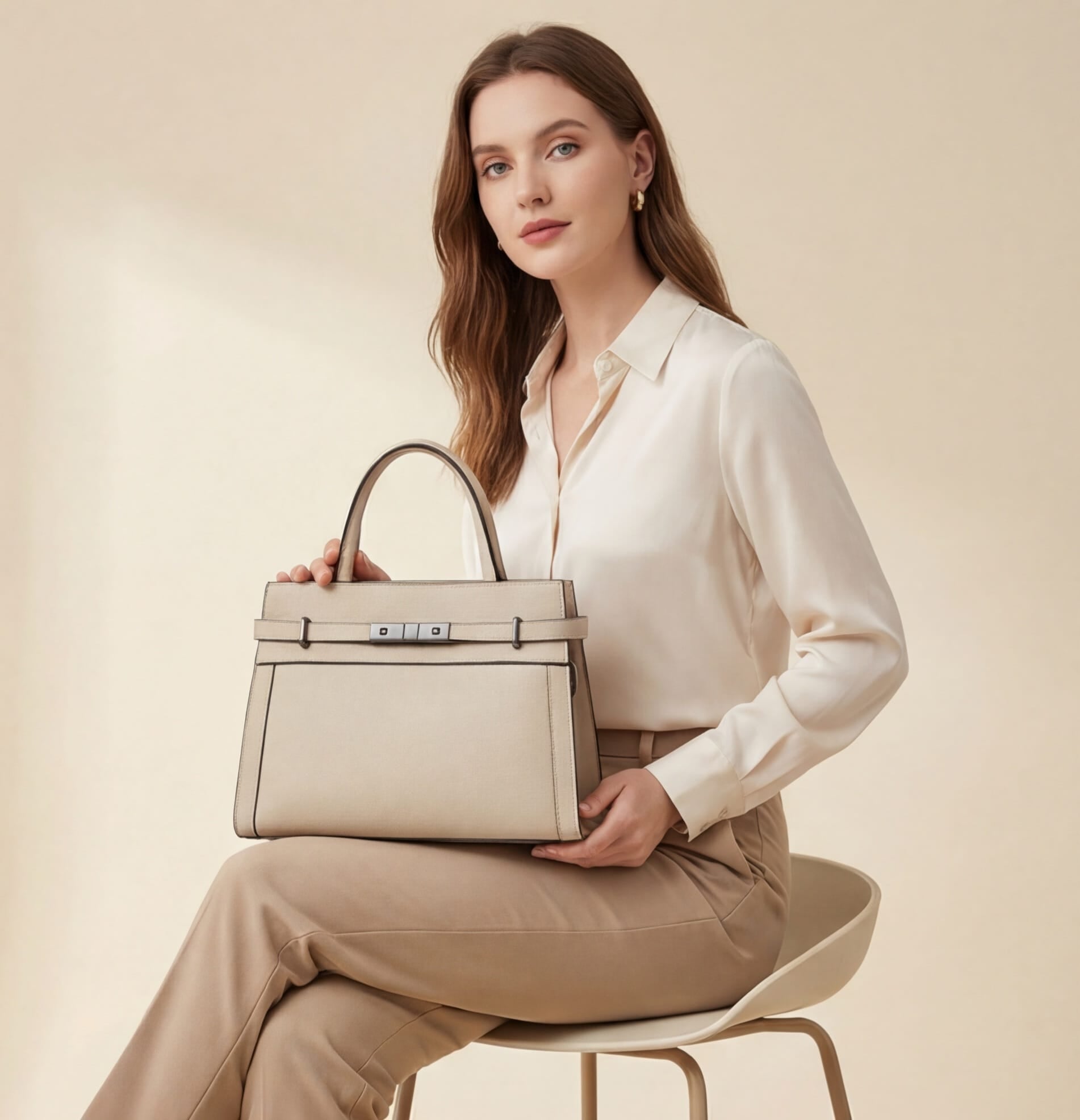 Woman holding a beige handbag against a beige background