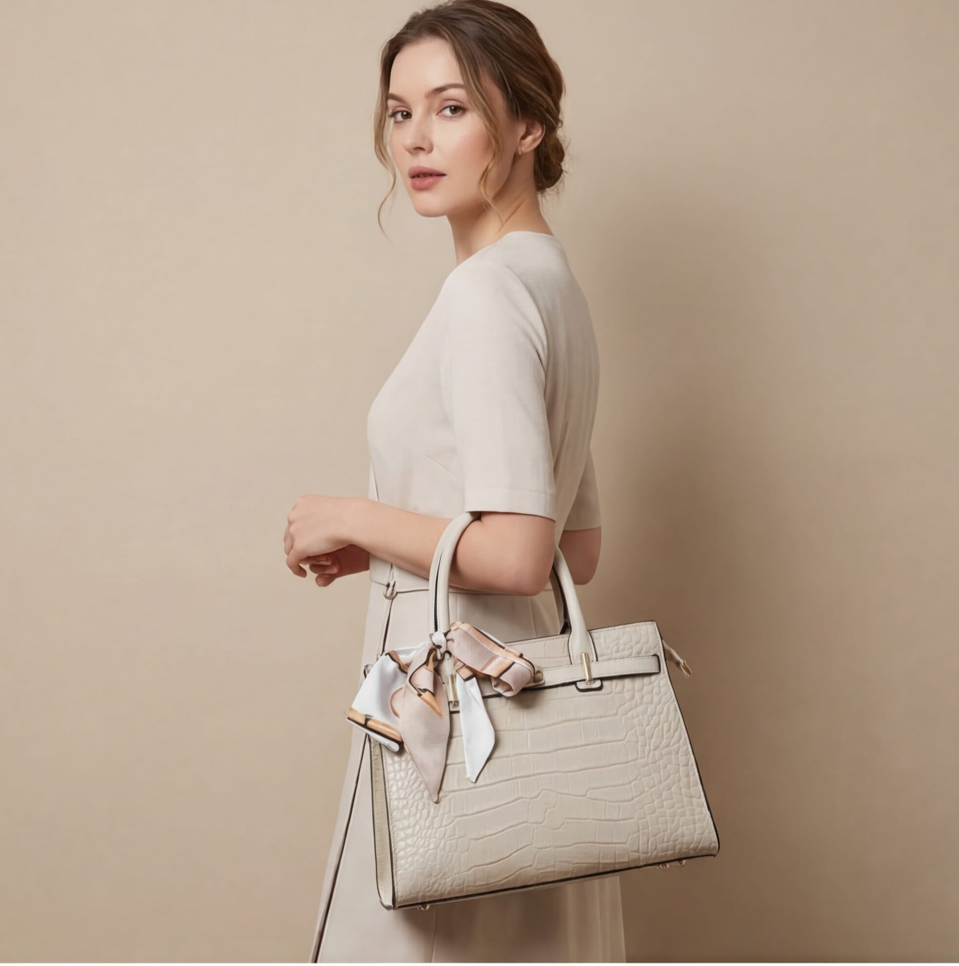 Woman holding a beige handbag against a beige background